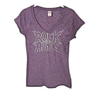California Basics Women's Junior's L Tee Shirt Purple V-Neck Rock of Ages